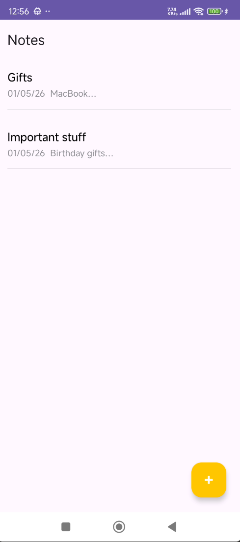 Notes+ app showing a clean note list with entries like Gifts and Important stuff