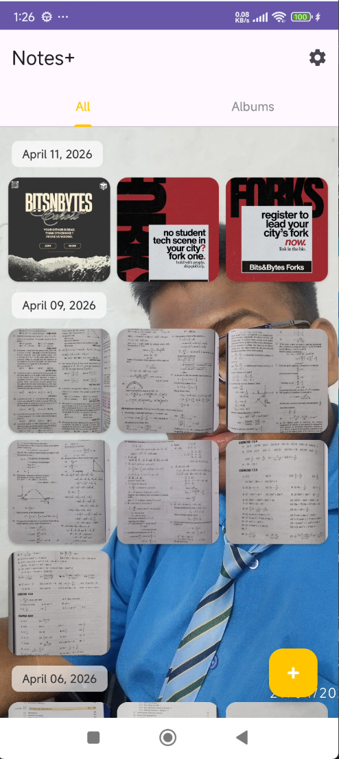Notes+ vault gallery showing photos organized by date