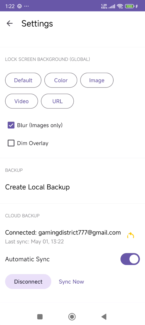 Notes+ settings showing backup options with Google Drive sync connected