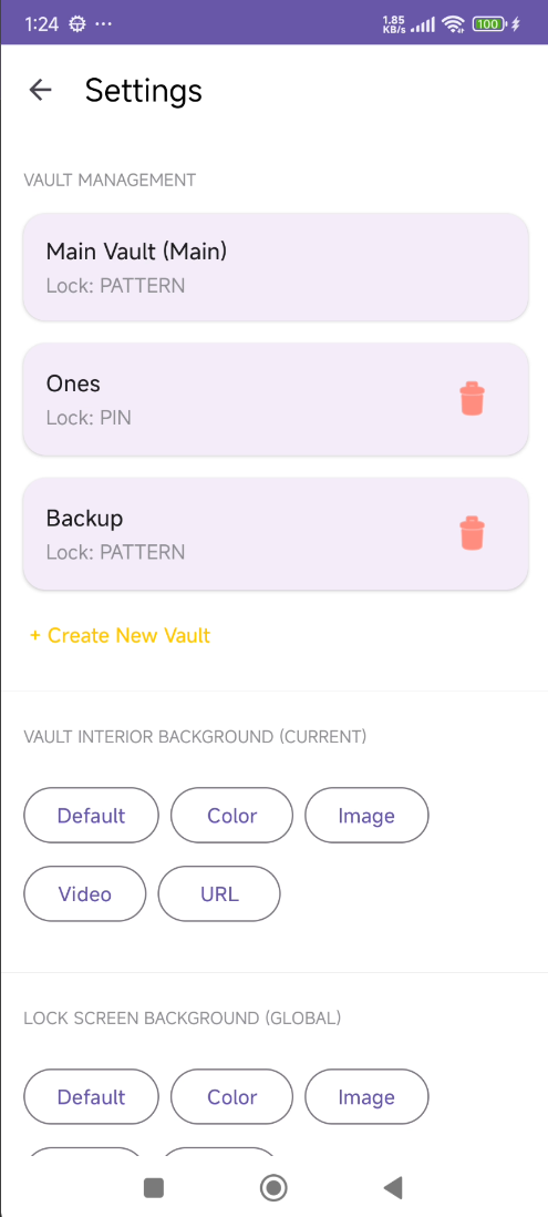 Notes+ vault management settings showing multiple vaults with different lock types